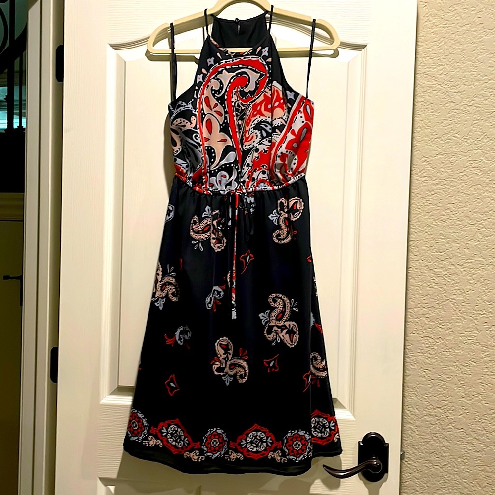 Loft Charcoal Gray Paisley MIDI Dress Size Small Petite